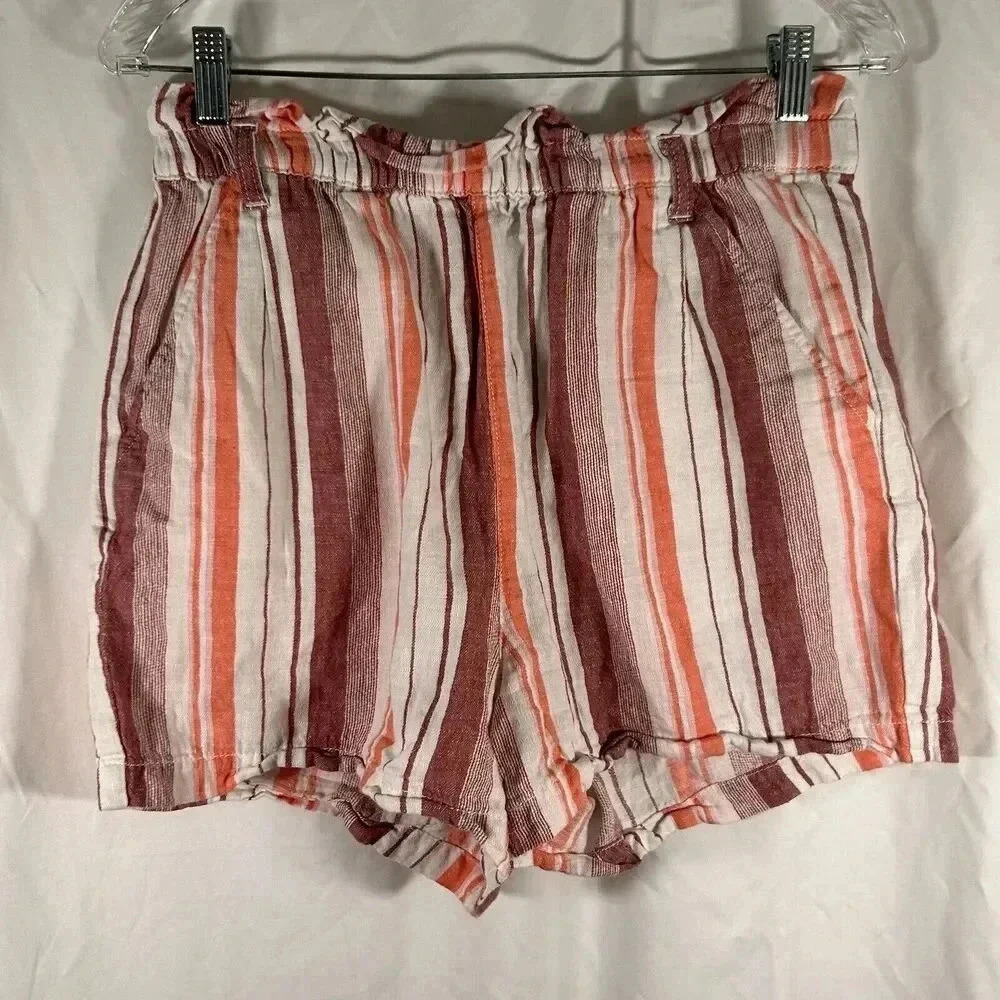 a.n.a Shorts Women's Medium White Pink Striped Pull On Elastic Waist Linen Blend